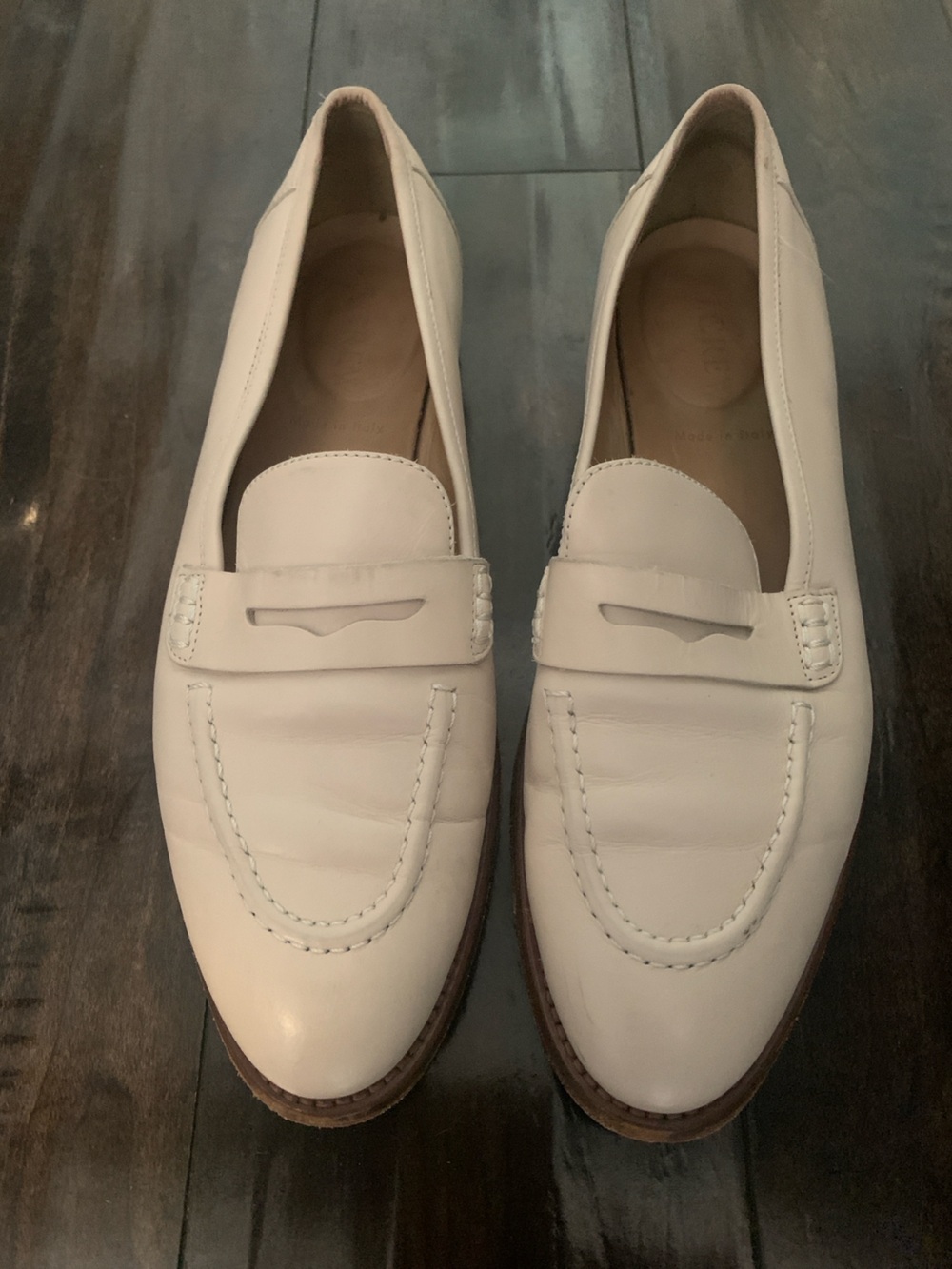Women’s J. Crew Off White Leather Penny Loafers Sz 6.5 Made Italy